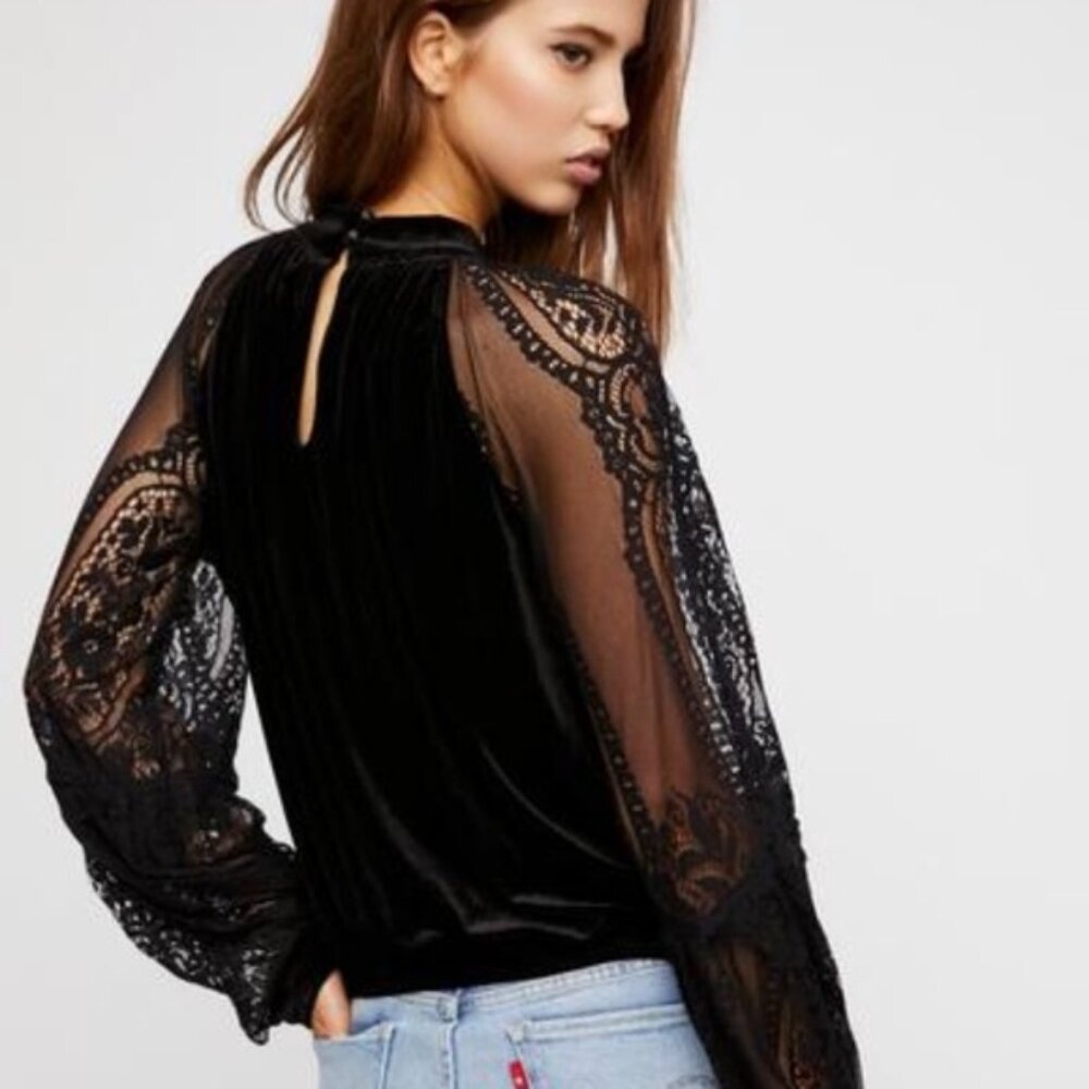 Free People "Dream Team" Black Velvet Lace Sleeve Top